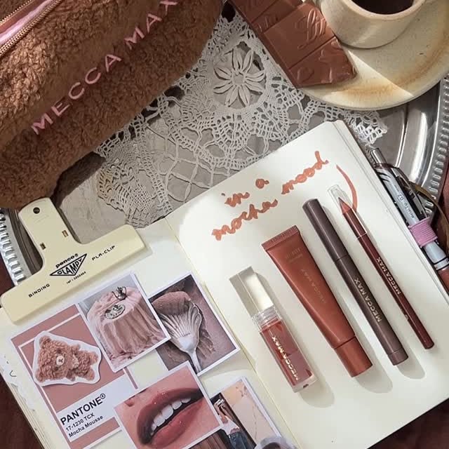 Instagram post by @elena_tea for Mecca. Caption reads: Bringing my cozy mocha moodboard to life with the....