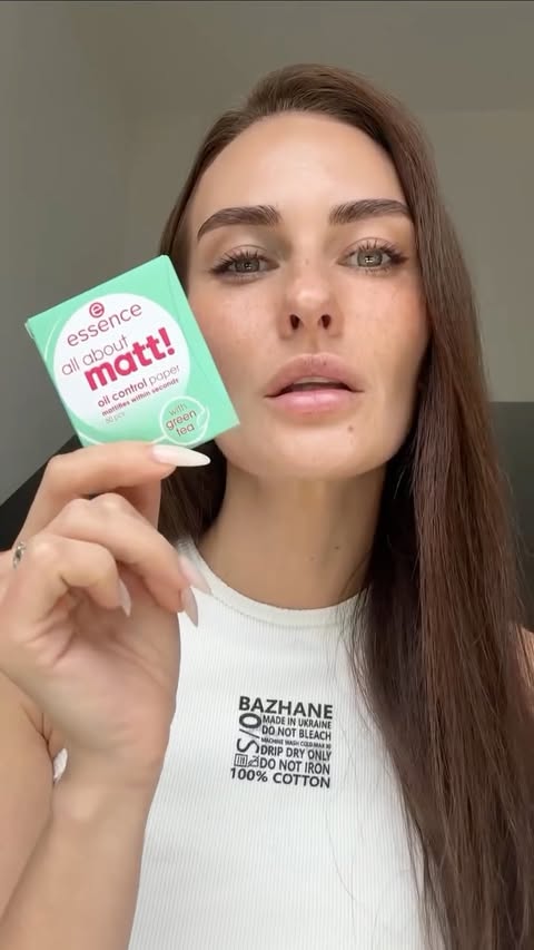 Instagram post by @valentyna_pushkarenko for essence cosmetics. Caption reads: Shiny T-zone in the summer? ☀️ Skip the extra....