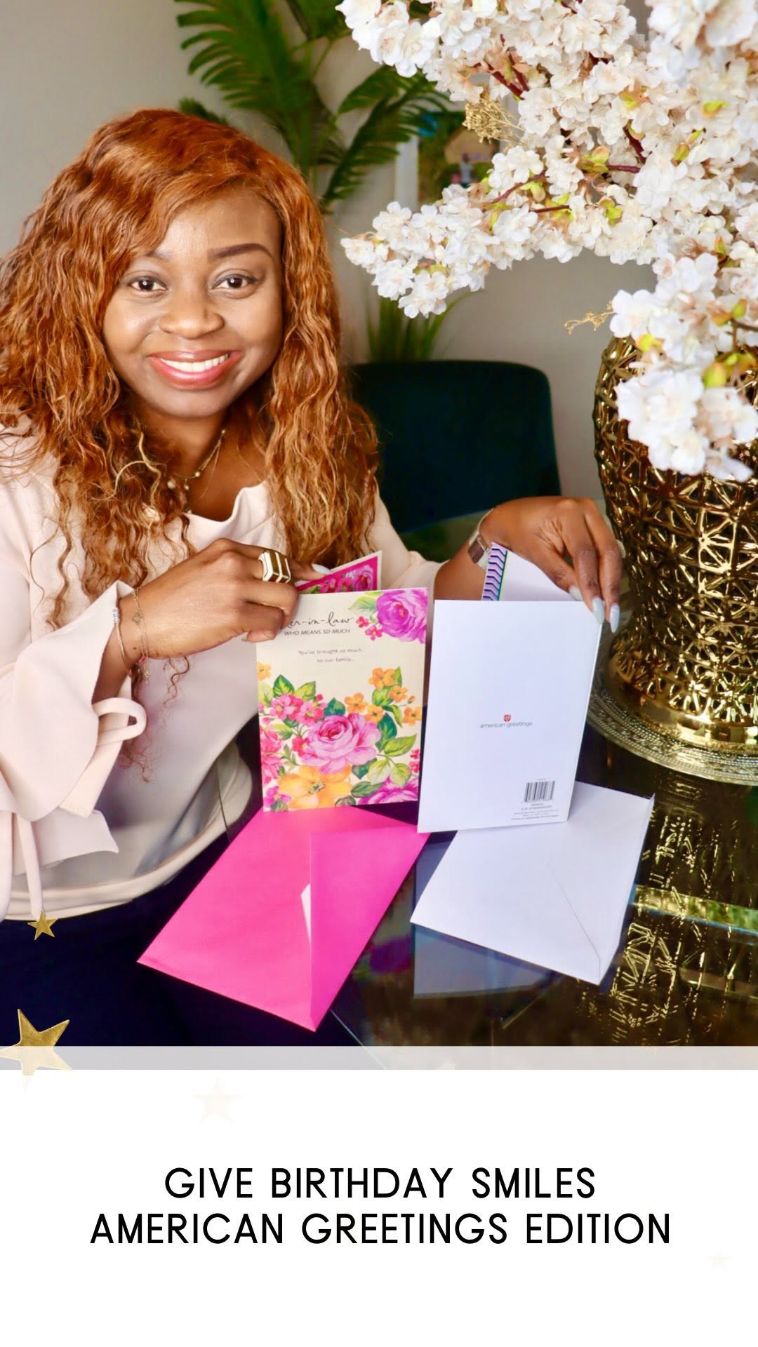 Instagram post by @tokestakeonstyle for American Greetings. Caption reads: Fam, what’s better than a birthday text? Making....