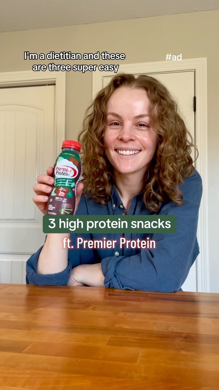 Instagram post by @dietitian.hannah for Premier Protein. Caption reads: Loving Premier Protein’s Winter Mint Chocolate?....