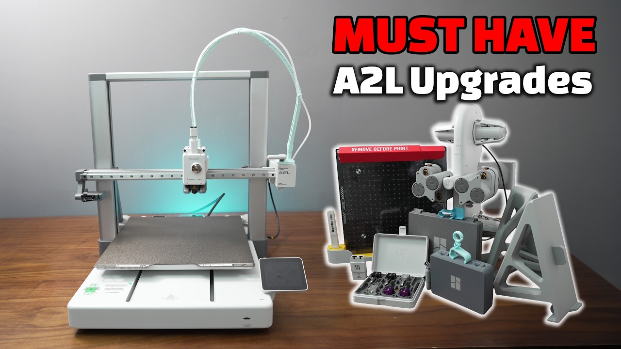 YouTube post by @Lukis3D for Fashion Force Finds. Caption reads: 12 Upgrades for your Bambu Lab A2L Printer.