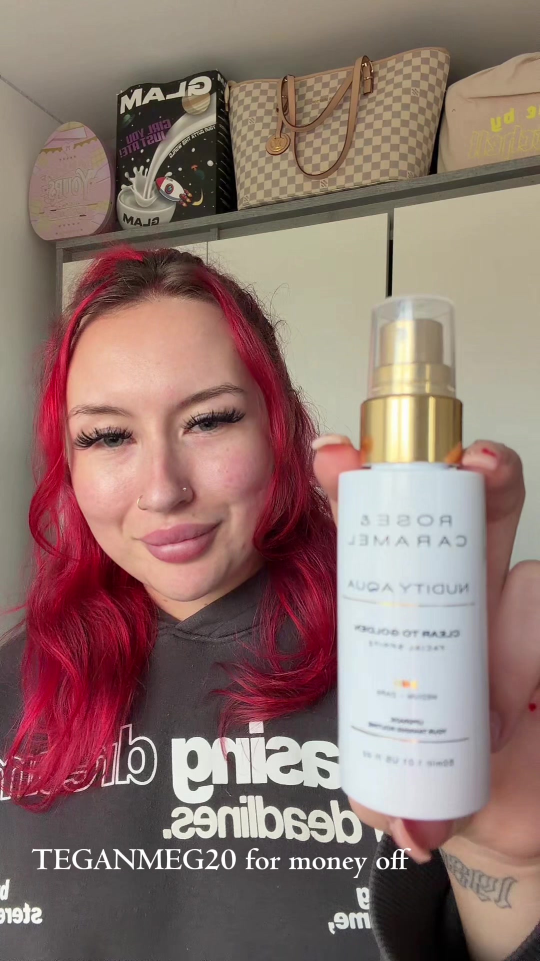 TikTok post by @tegan.meg for Rose & Caramel. Caption reads: What's Inside... @Rose & Caramel Nudity Aqua Face....