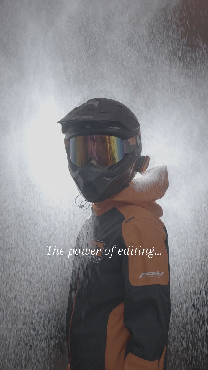 Instagram post by @elliot_grondahl for Cardo Systems. Caption reads: Behind the rain: studio magic meets real....