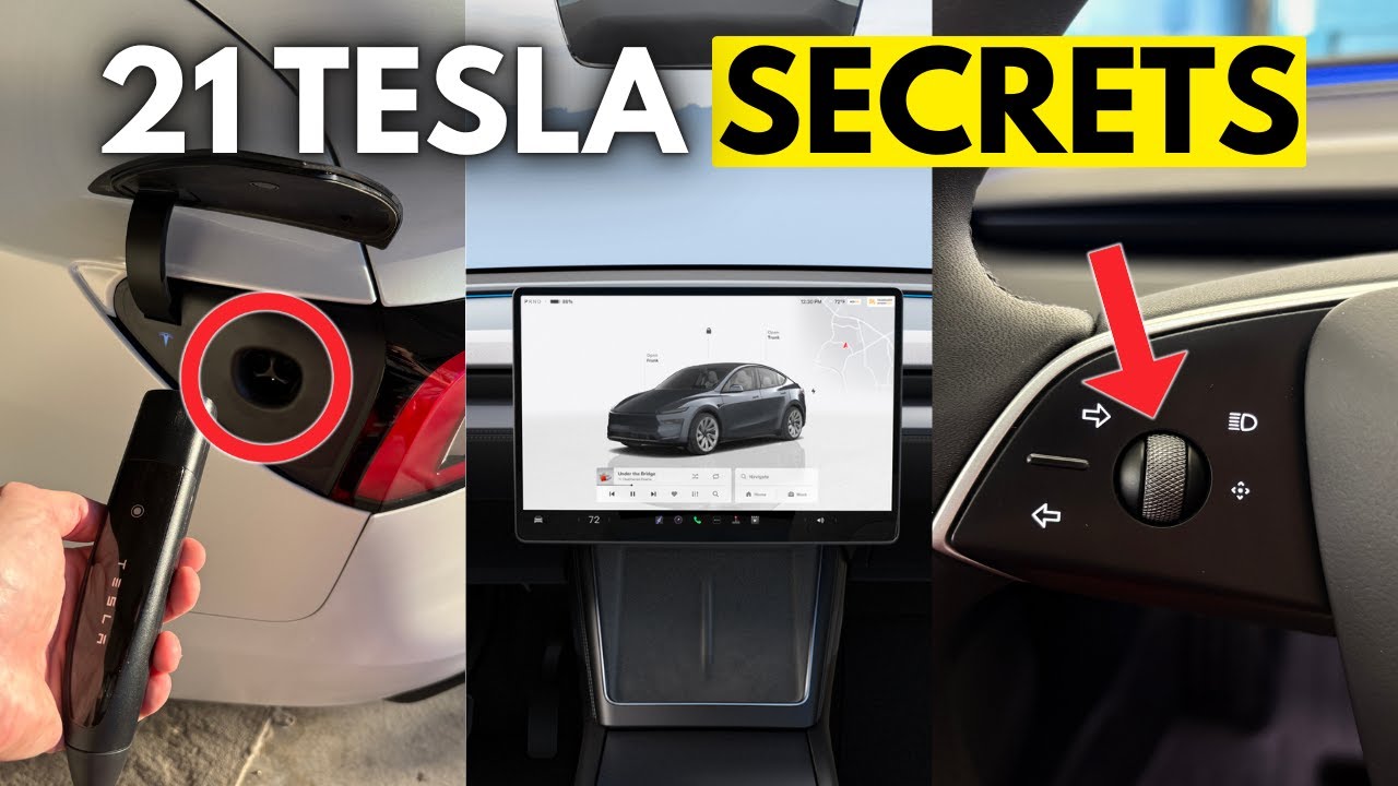 YouTube post by @vegasteslacarmen for Tesla. Caption reads: 21 Hidden Tesla Features Most Owners Never Find.