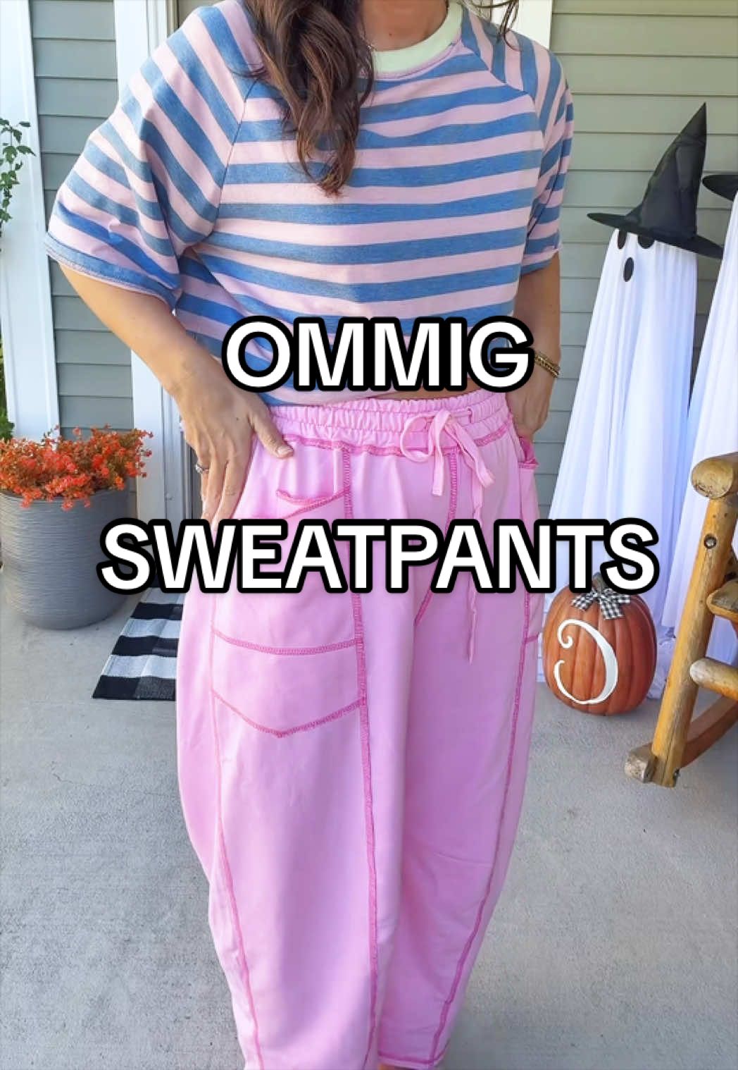 TikTok post by @taraaddstocart for OmmigO. Caption reads: I am loving these sweatpants from @Ommig This pink....