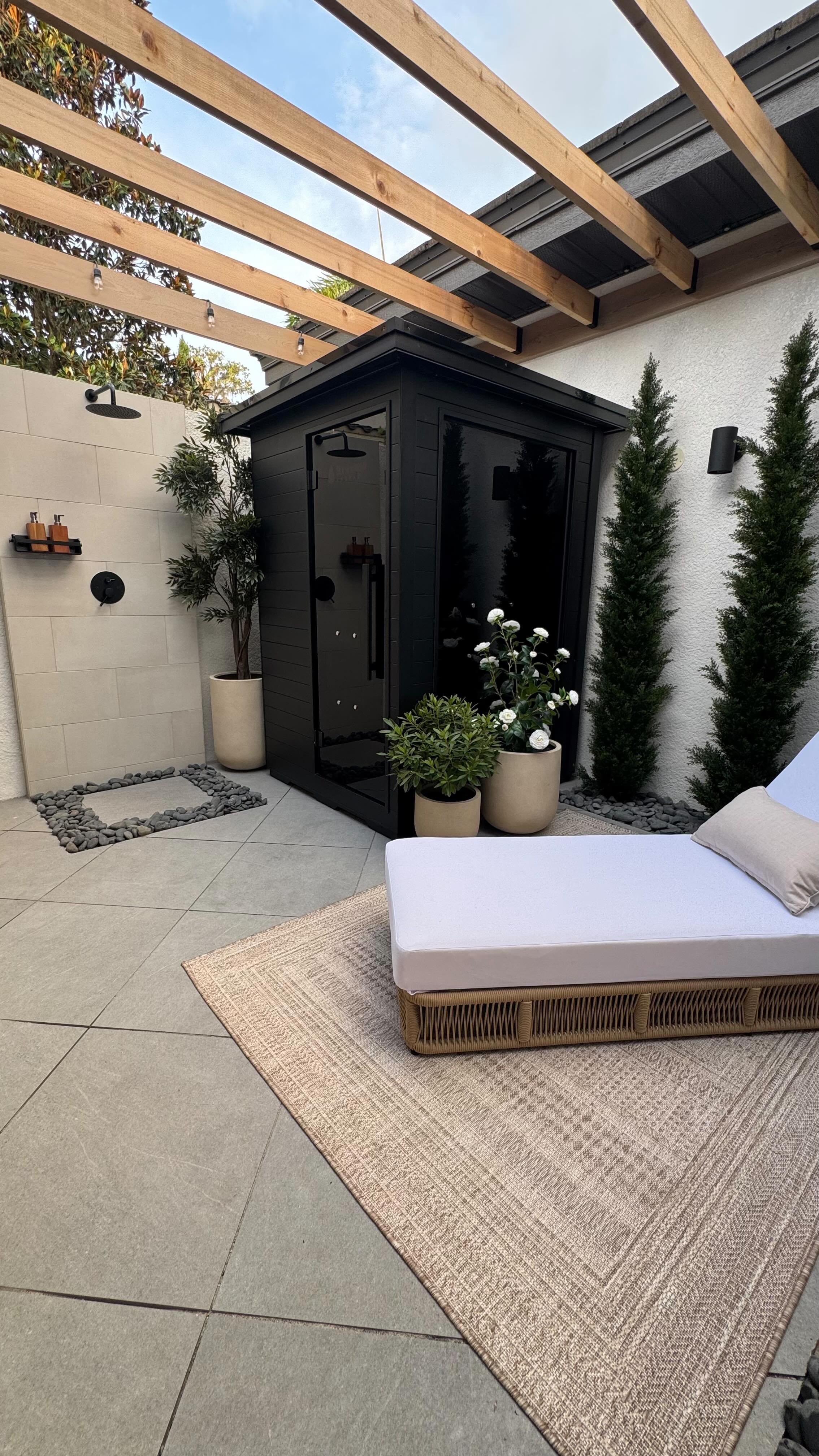 Instagram post by @frills_and_drills for The Home Depot. Caption reads: From weed pit to beautiful outdoor courtyard! The....
