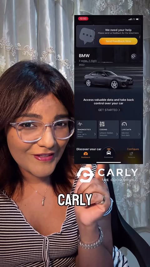 Instagram post by @karishmasekhar for Carly Connected Car. Caption reads: [...] this year… starting with this....