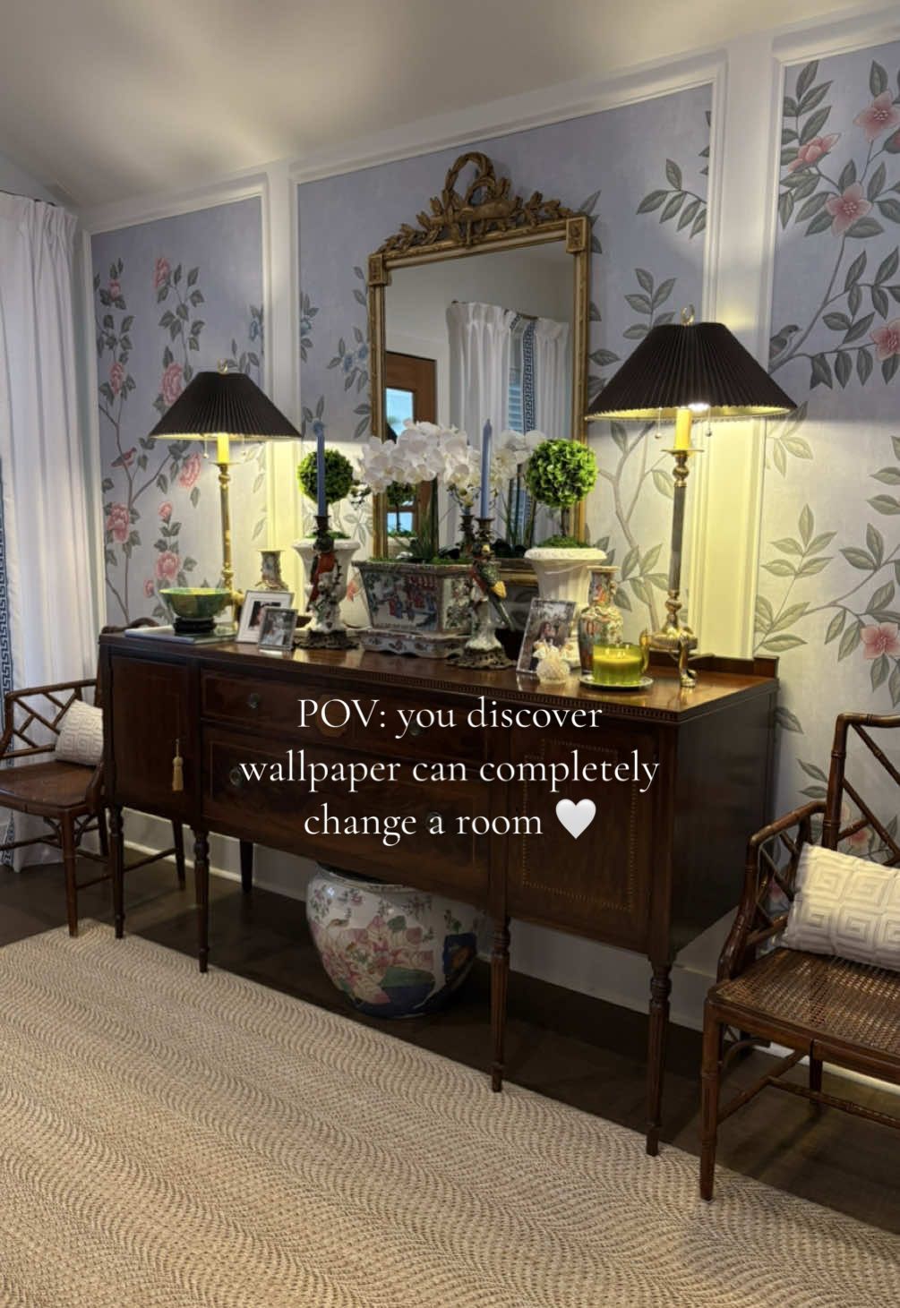 TikTok post by @reneericciedit for Photowall. Caption reads: This wallpaper from @Photowall turned my entryway....