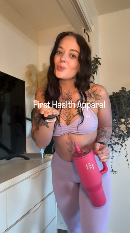 Instagram post by @agirlnamedemilyyy for First Health Apparel. Caption reads: [...] sets coming because I’m OBSESSED.....
