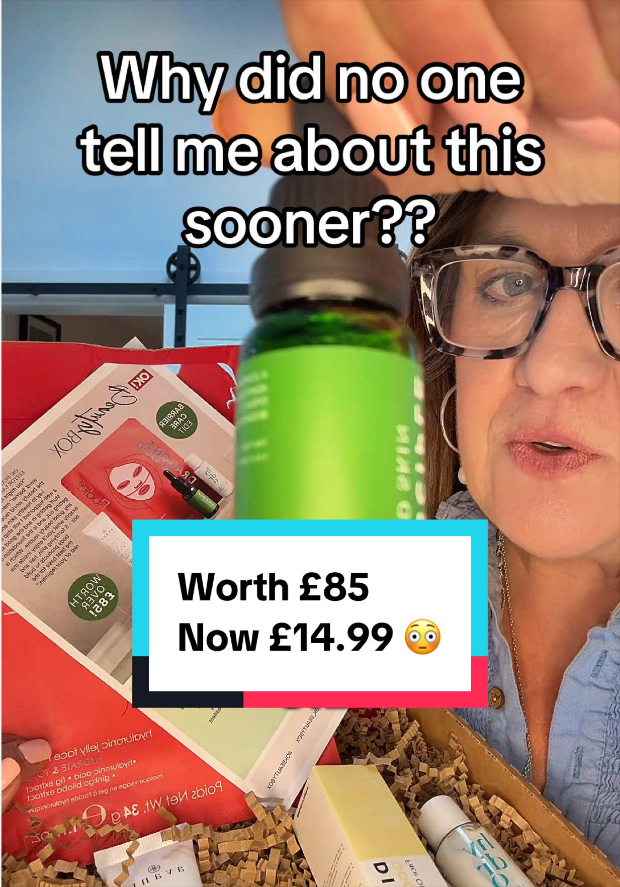 TikTok post by @clareepls for OK! Beauty Box. Caption reads: [...] EVERYTHING and it's discounted rn @OK!....