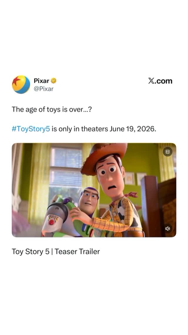 Instagram post by @pophive for Pixar. Caption reads: The first teaser for ‘Toy Story 5’ has been....