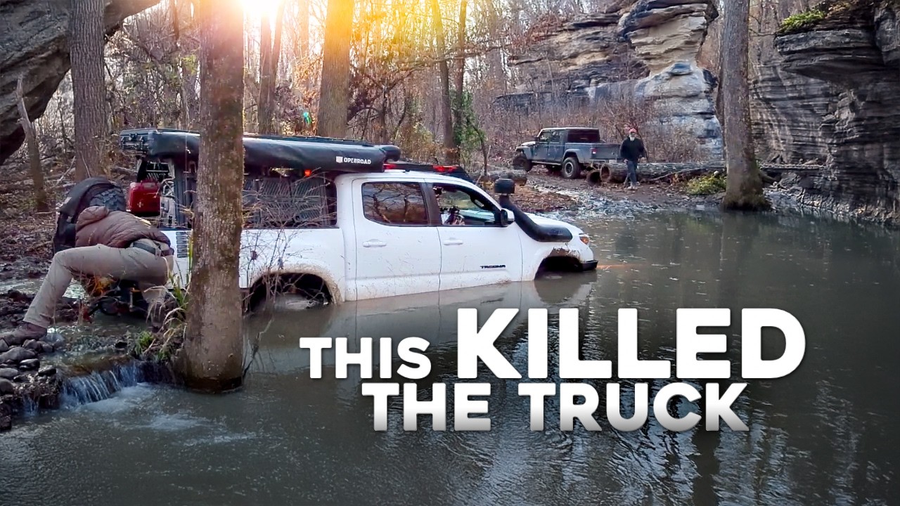 YouTube post by @BakerOverland for – ICECOFREEZER. Caption reads: Ozark Carnage | Tree vs Jeep, Mud vs Toyota.