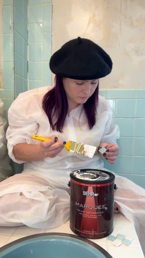 Instagram post by @fodie22 for BEHR Paint. Caption reads: Will this @behrpaint work on my bathroom tile? 👀....
