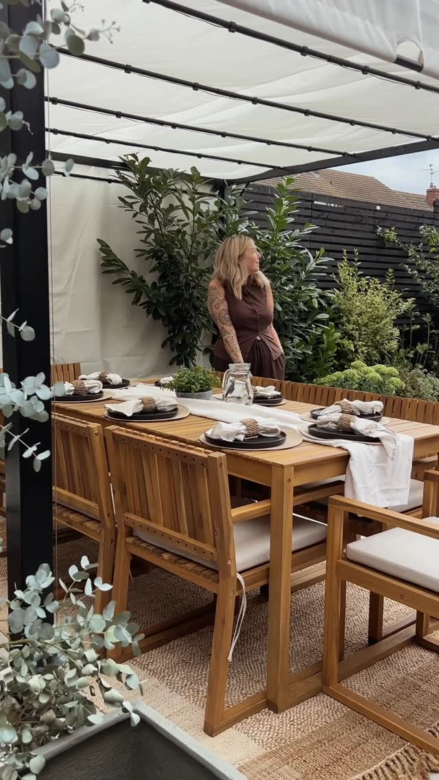 Instagram post by @your_average_home for Beliani. Caption reads: My tiny, over looked, average garden is…. FINISHED....