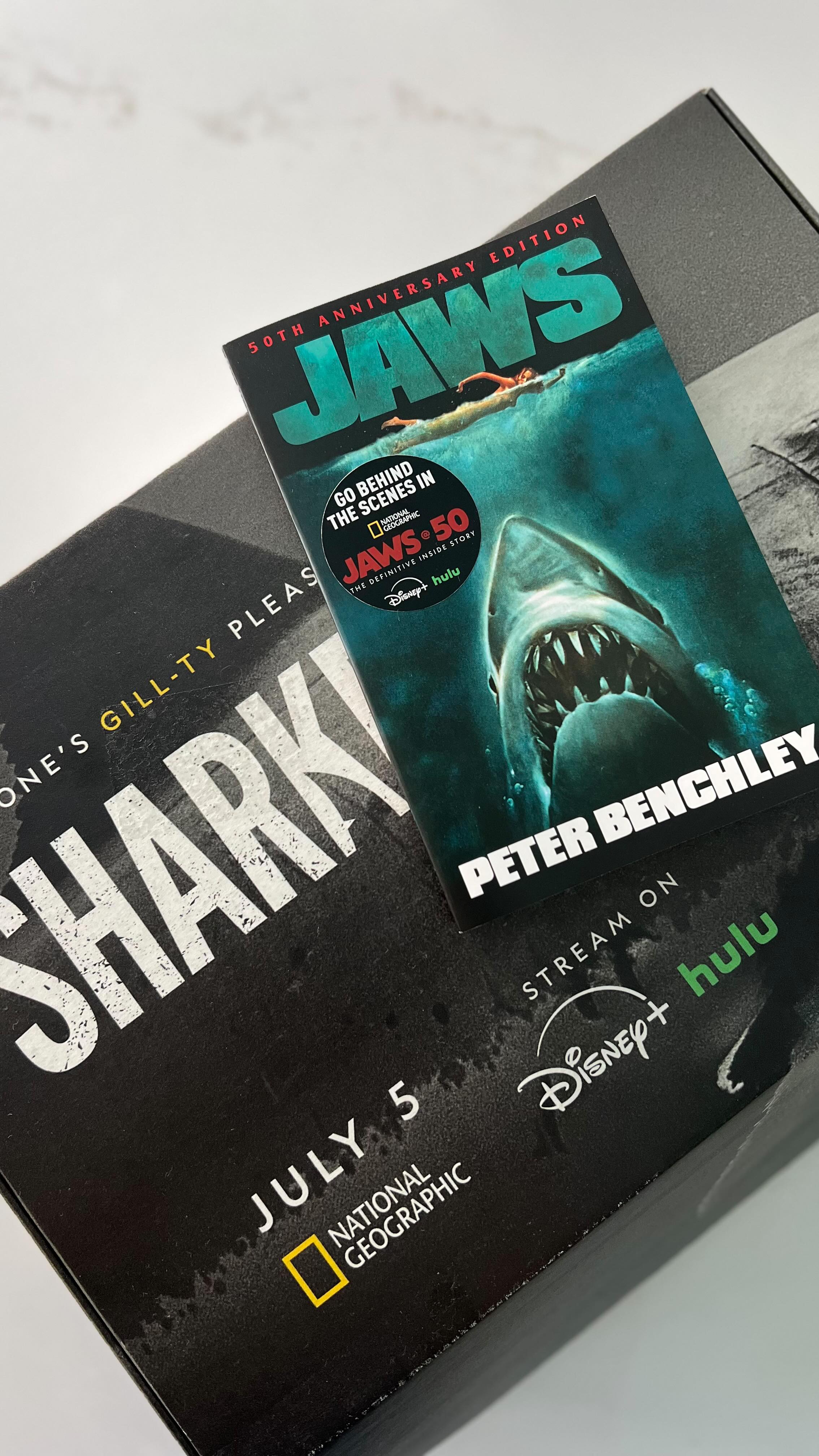 Instagram post by @bucketlistpublications for Hulu. Caption reads: 🦈🎉 LOOK WHAT JUST ARRIVED! 🎉🦈

Disney’s....