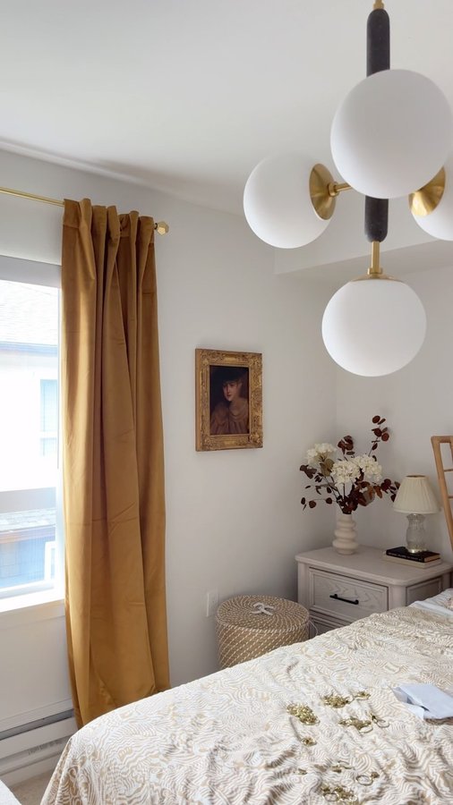 Instagram post by @lanadmitruks for Half Price Drapes. Caption reads: [...] gorgeous✨ velvet gold curtains from....