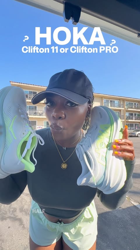 Instagram post by @oreyfit for HOKA. Caption reads: currently loving both the @hoka Clifton 11 and the....
