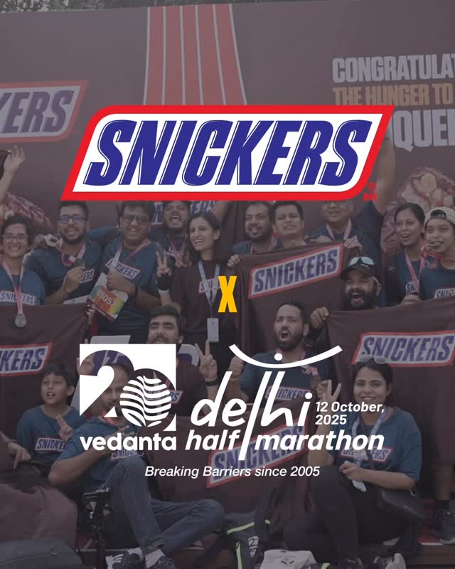 Instagram post by @delhihalfmarathon for Snickers. Caption reads: They ran. They conquered. They satisfied their....