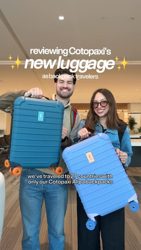 Instagram post by @travelersforgood for Cotopaxi. Caption reads: NEW LUGGAGE ALERT @cotopaxi‼️🚨 After traveing....