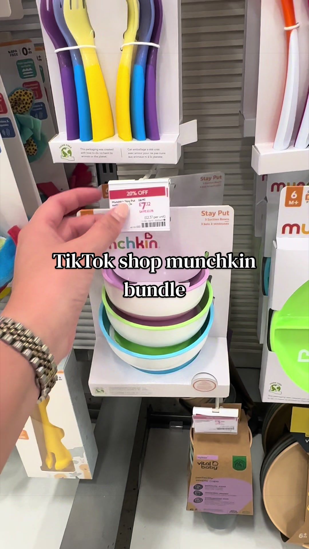 TikTok post by @rebecca.swiftt for Munchkin. Caption reads: This @Munchkin bundle is £27 on TikTok shop but to....