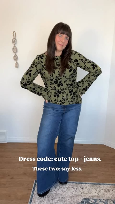 Instagram post by @sara.d.alaric for PrettyGarden. Caption reads: When the dress code is “cute top and jeans” - like....