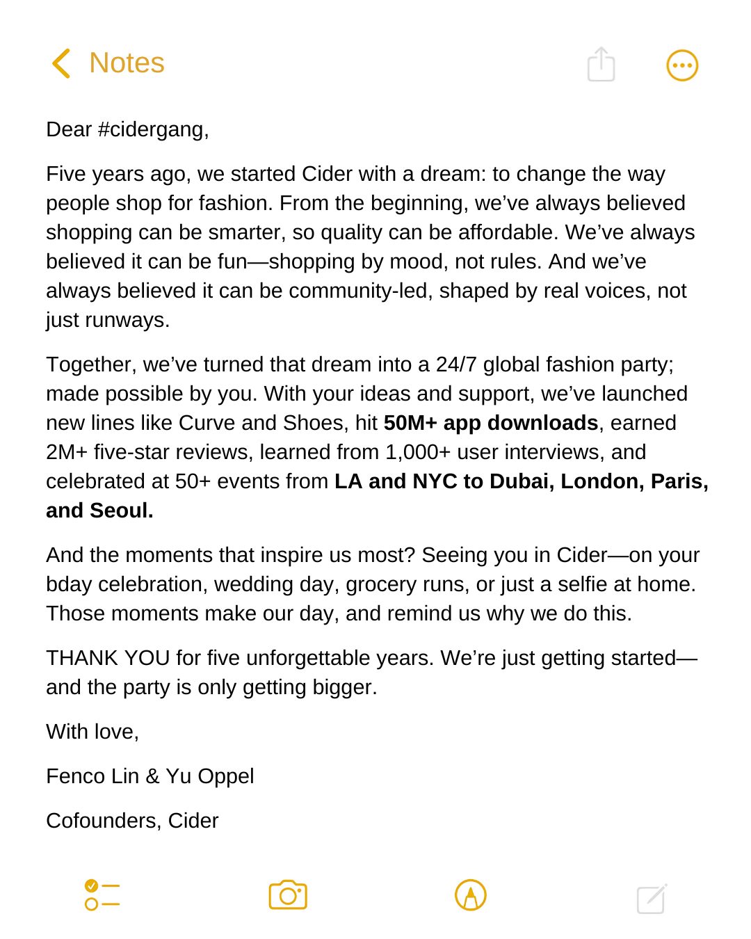 Instagram post by @cidergang for Cider. Caption reads: we’re officially 5 🖐✨ from mood-shopping to 50M+....