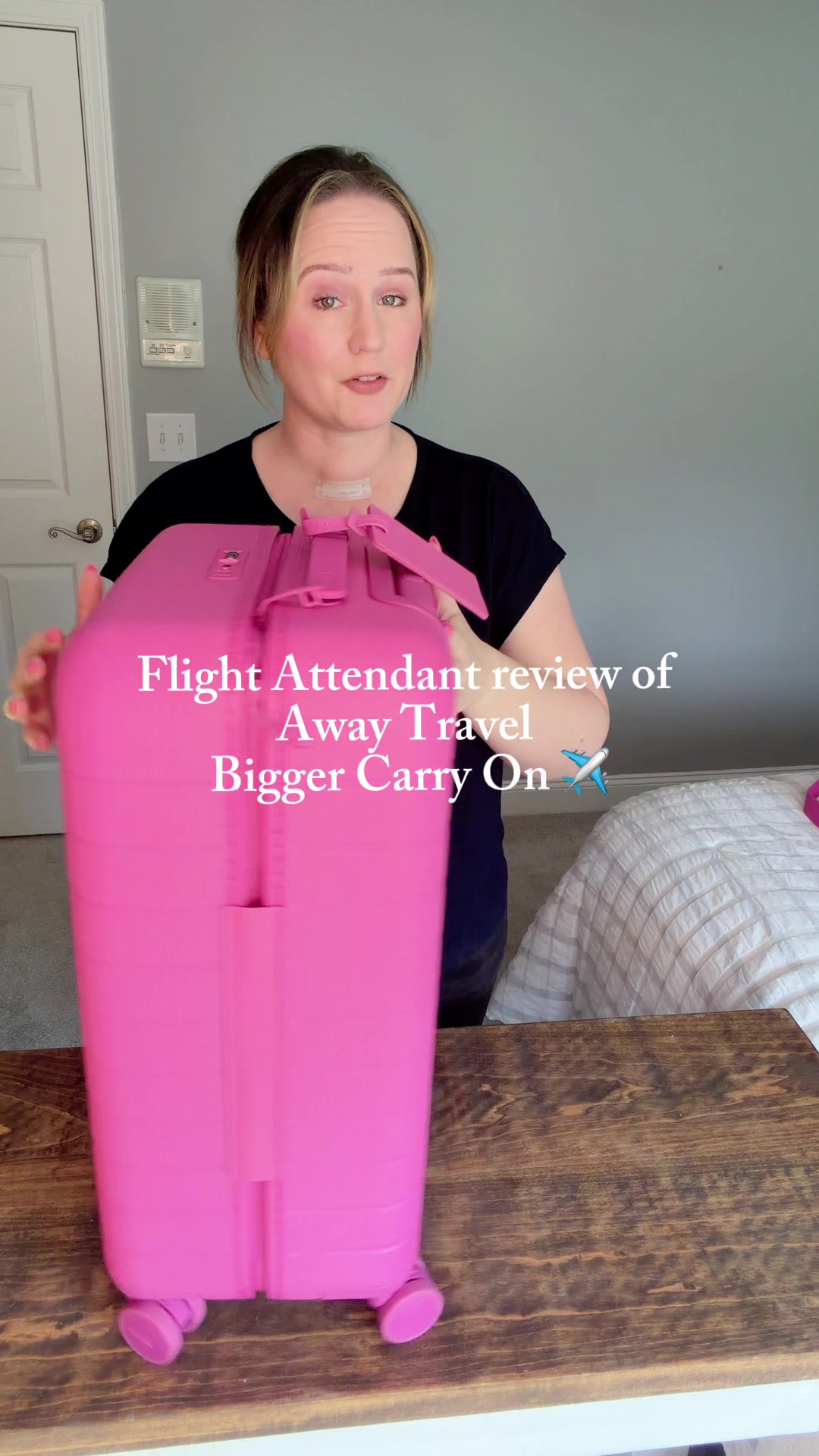 TikTok post by @prettylittlejetsetter for Away. Caption reads: The @Away Travel Bigger Carry on is a no [...].