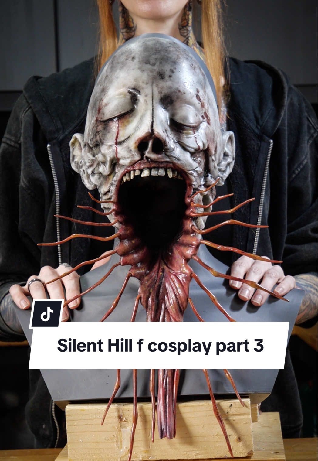 TikTok post by @lightningcosplay for Konami. Caption reads: Sakuko's face prosthetic is cool and creepy at the....