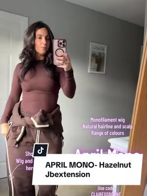 TikTok post by @claireossie for JBSelect4U. Caption reads: This wig is April Mono in dark brown from....