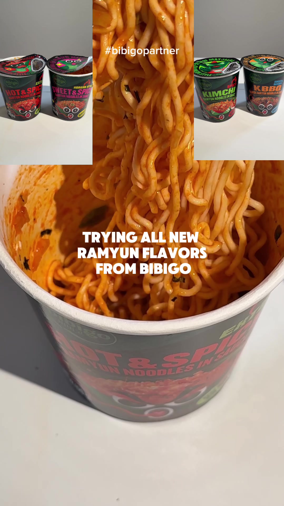 TikTok post by @asipoftexas for bibigo USA. Caption reads: [...] You need to try all four flavors from....