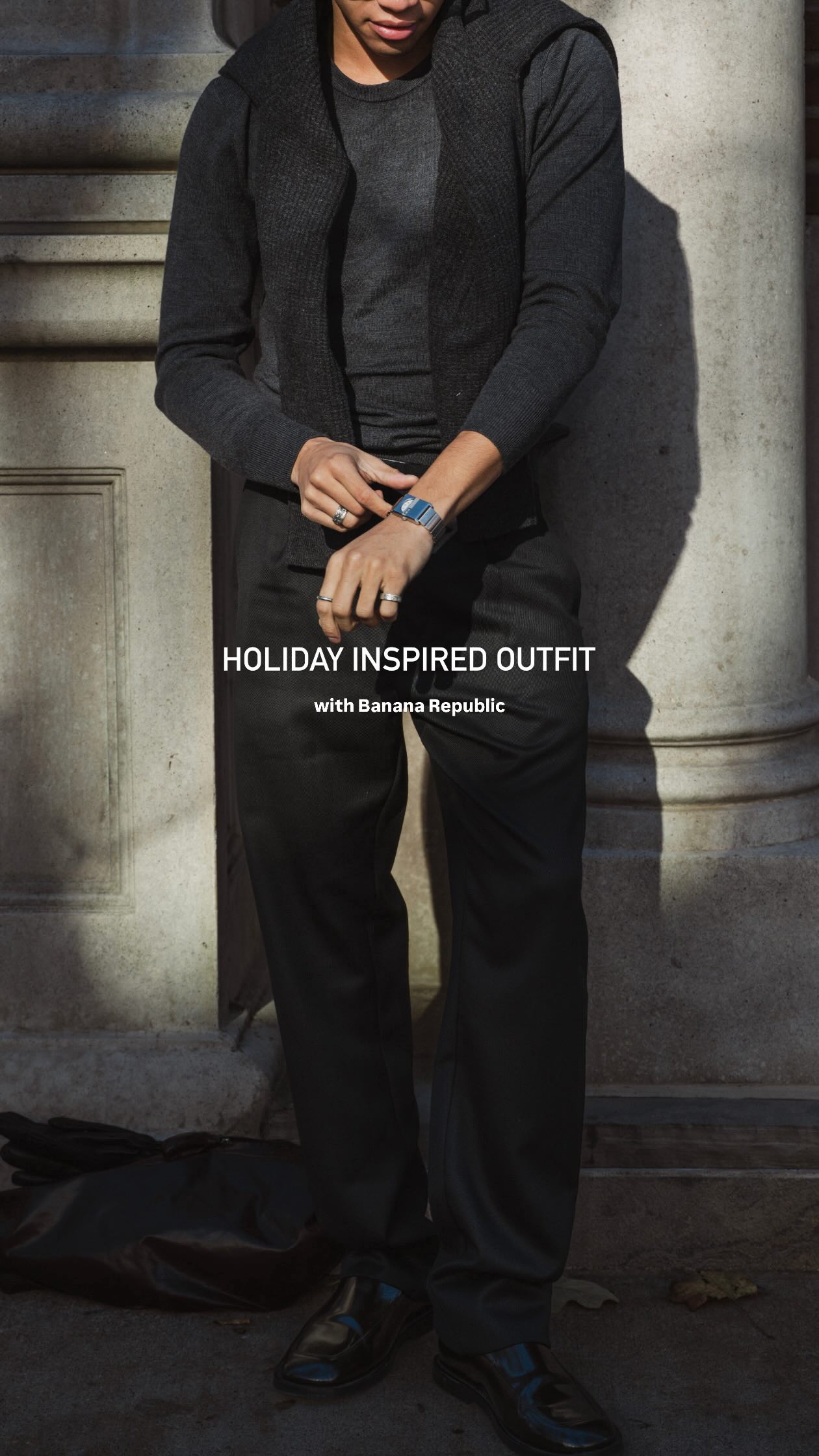 Instagram post by @emmanuel.uddenberg for Banana Republic. Caption reads: A timeless outfit for the upcoming holiday season....