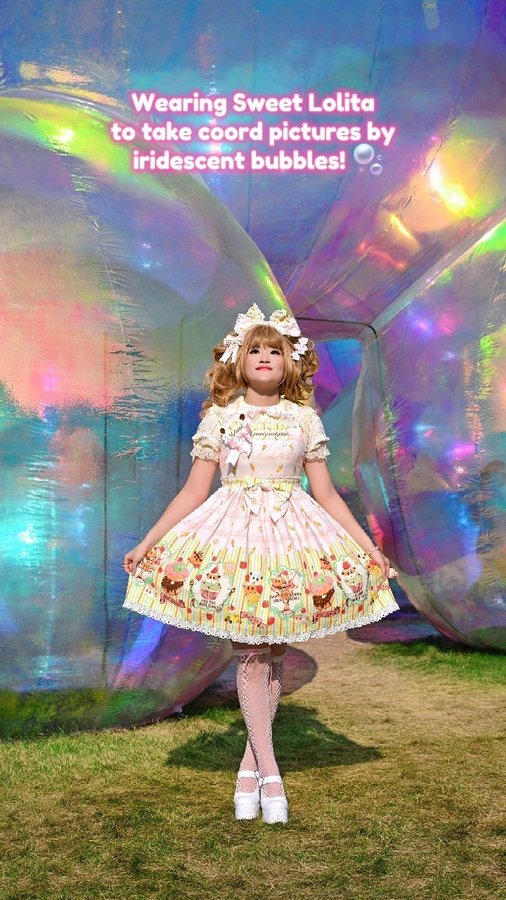Instagram post by @dreamy_sweetie for Pop & Bottle. Caption reads: Playing with colors in sweet lolita fashion!....