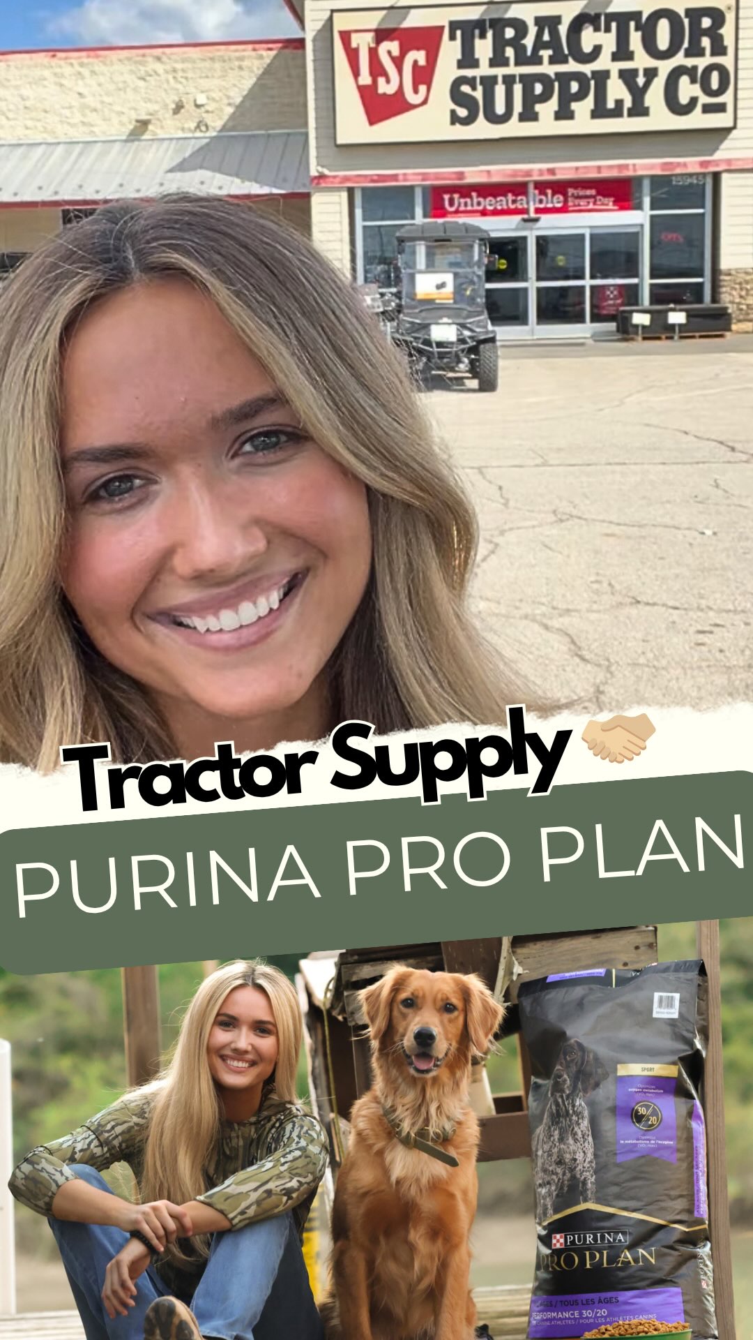 Instagram post by @themaggiewilliams for PURINA PRO PLAN. Caption reads: Just like Tractor Supply pours into small towns,....