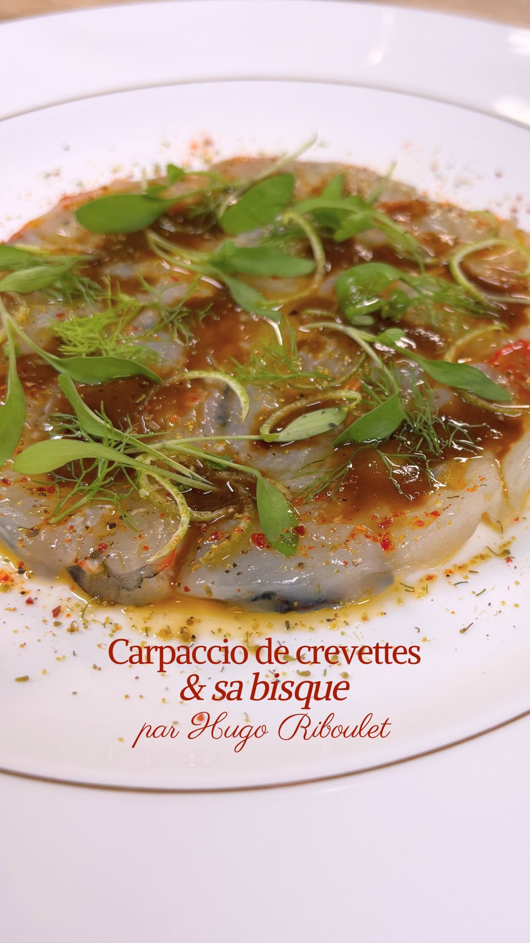 Instagram post by @hugoriboulet for Zwilling. Caption reads: 🔥 Un carpaccio de crevettes délicat, bisque....