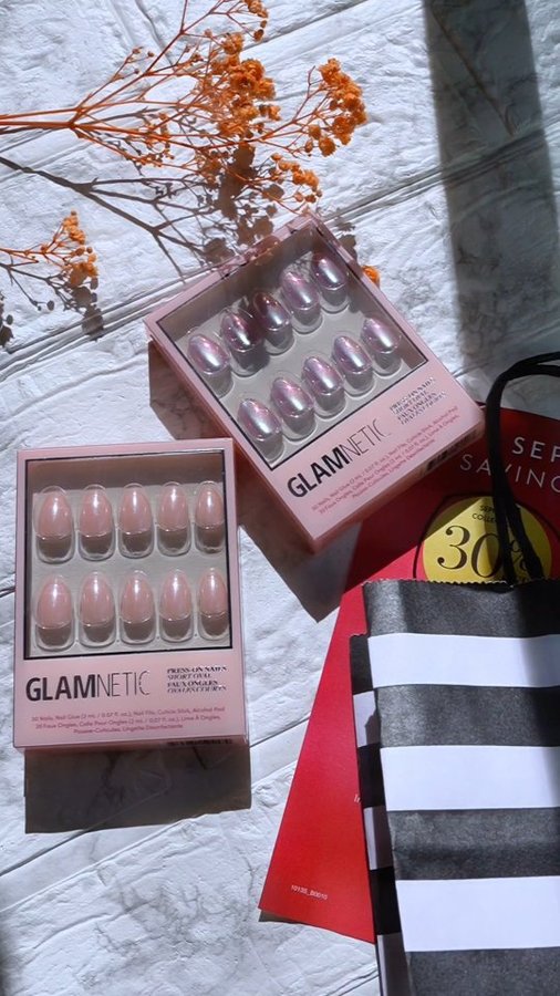 Instagram post by @willworkformascara for Glamnetic. Caption reads: ✨Salon nails… but make it Sephora-cart easy....