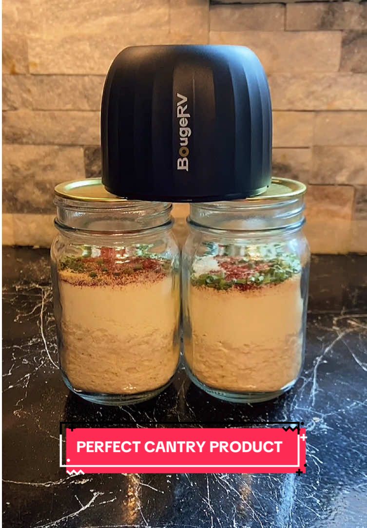 TikTok post by @madmealsinajar for BougeRV. Caption reads: [...] #cantry #preppertok #mealinajar @BougeRV....