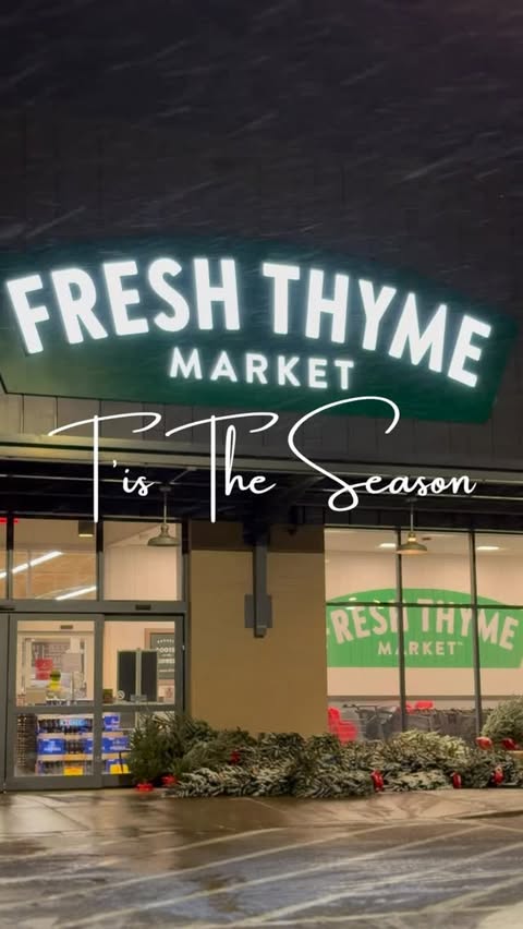 Instagram post by @itstounz for Fresh Thyme. Caption reads: Cold, snowy Michigan Friendsgiving? Fresh Thyme....