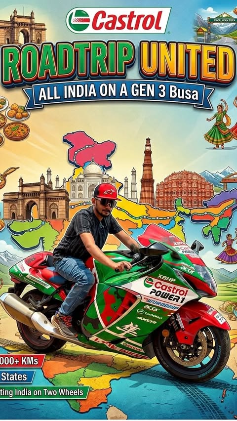 Instagram post by @kochimachan for Castrol POWER1. Caption reads: [...] #RoadTripUnited2026 #CastrolPOWER1 #busa....