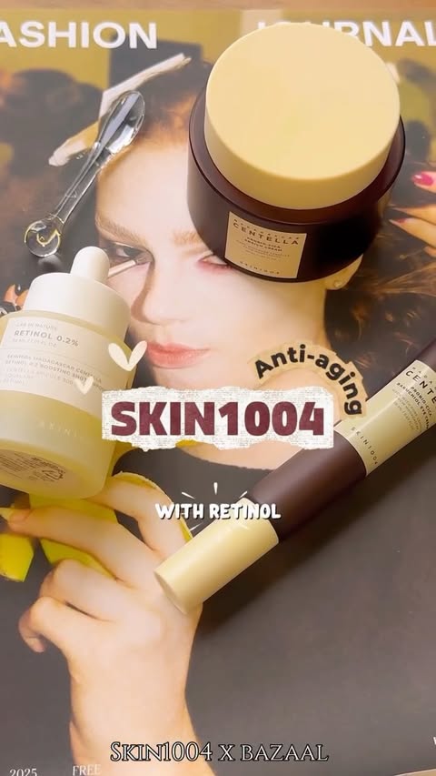 Instagram post by @brownlatte27 for BAZZAAL. Caption reads: #ad | Anti-aging with SKIN1004 = glow + elasticity....