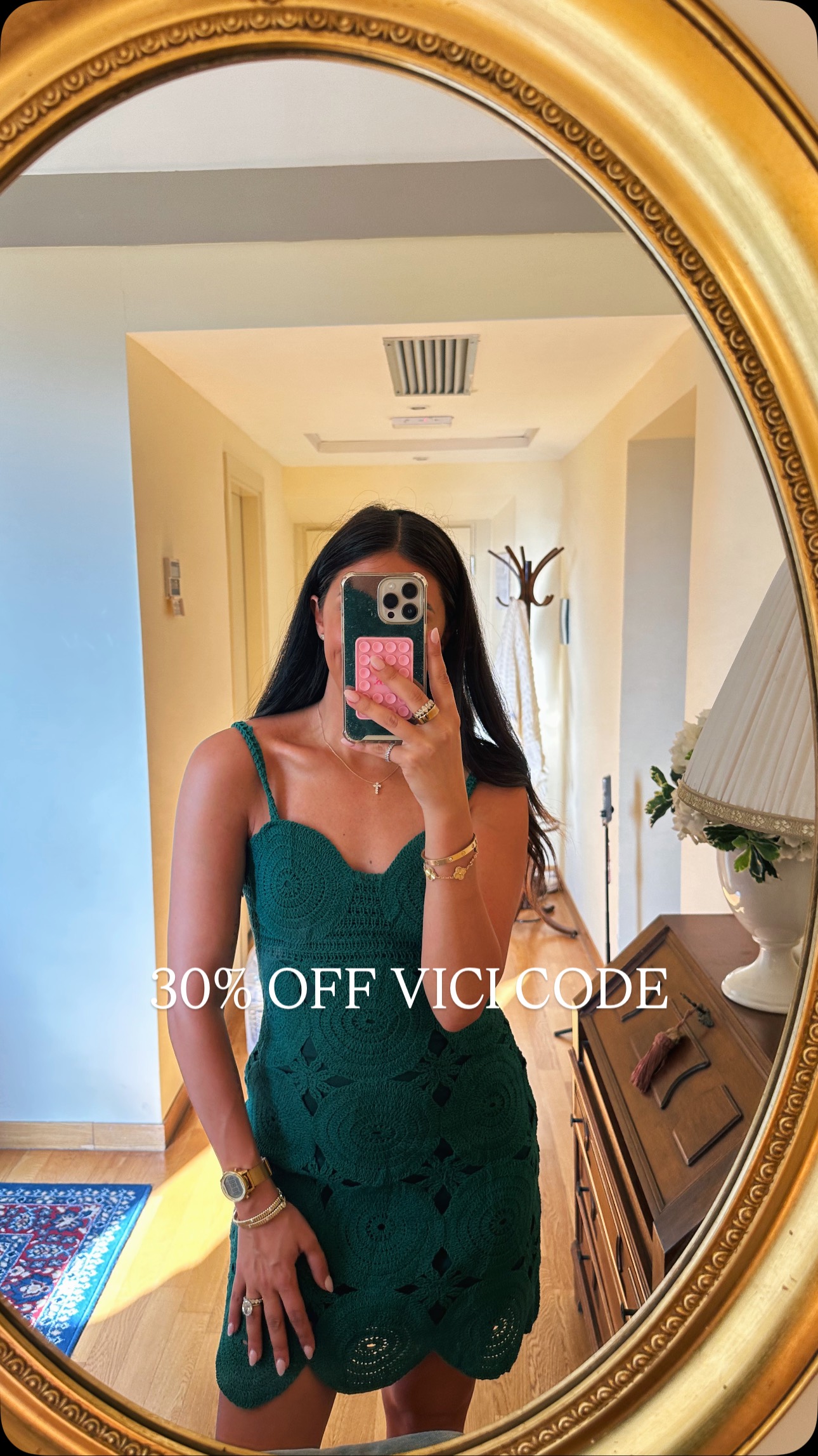 Instagram post by @dederaad for VICI COLLECTION. Caption reads: Currently: 50 shades of slay (blue & green edition....