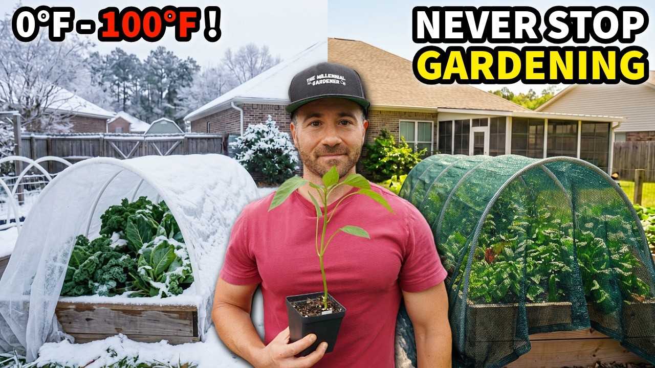 YouTube post by @TheMillennialGardener for NADIA ANYA. Caption reads: 1 Easy System for YEAR ROUND Gardening in ANY Zone....