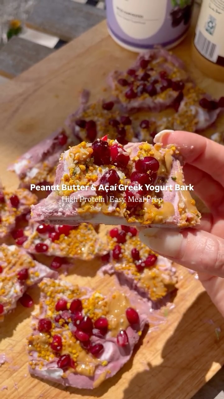 Instagram post by @nourishedandspiced for Nature Restore. Caption reads: Peanut Butter & Açaí Greek Yogurt Bark: High....