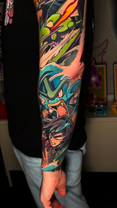 Instagram post by @shipwrecked_tc for Butterluxe Tattoo Care. Caption reads: HEALED DEMON SLAYER X POKEMON SLEEVE (apart from....