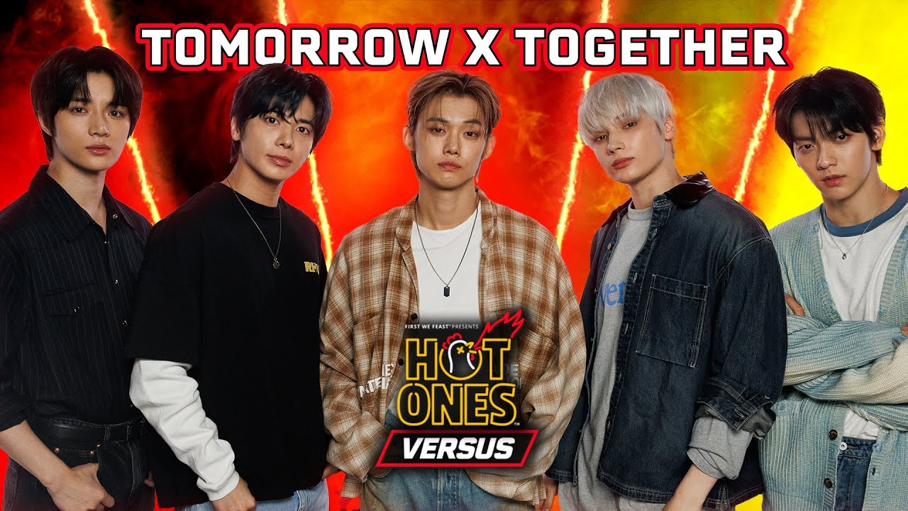 YouTube post by @FirstWeFeast for First We Feast. Caption reads: TXT (투모로우바이투게더) | Hot Ones Versus.