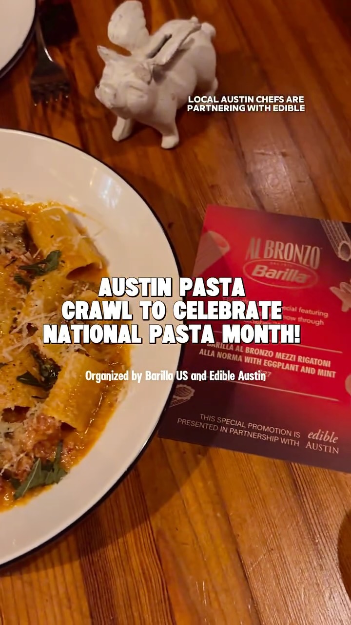 Instagram post by @austinfoodadventures for Barilla. Caption reads: 20 restaurants around Austin are partnering with....