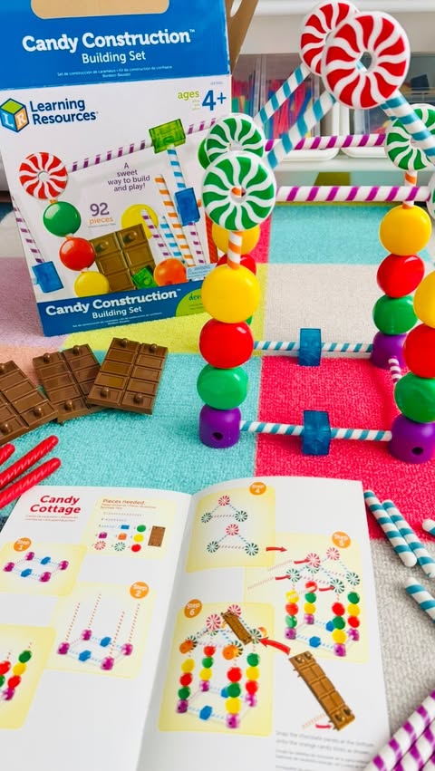 Instagram post by @erikadeane315 for Learning Resources. Caption reads: How festive are these Candy Construction pieces....