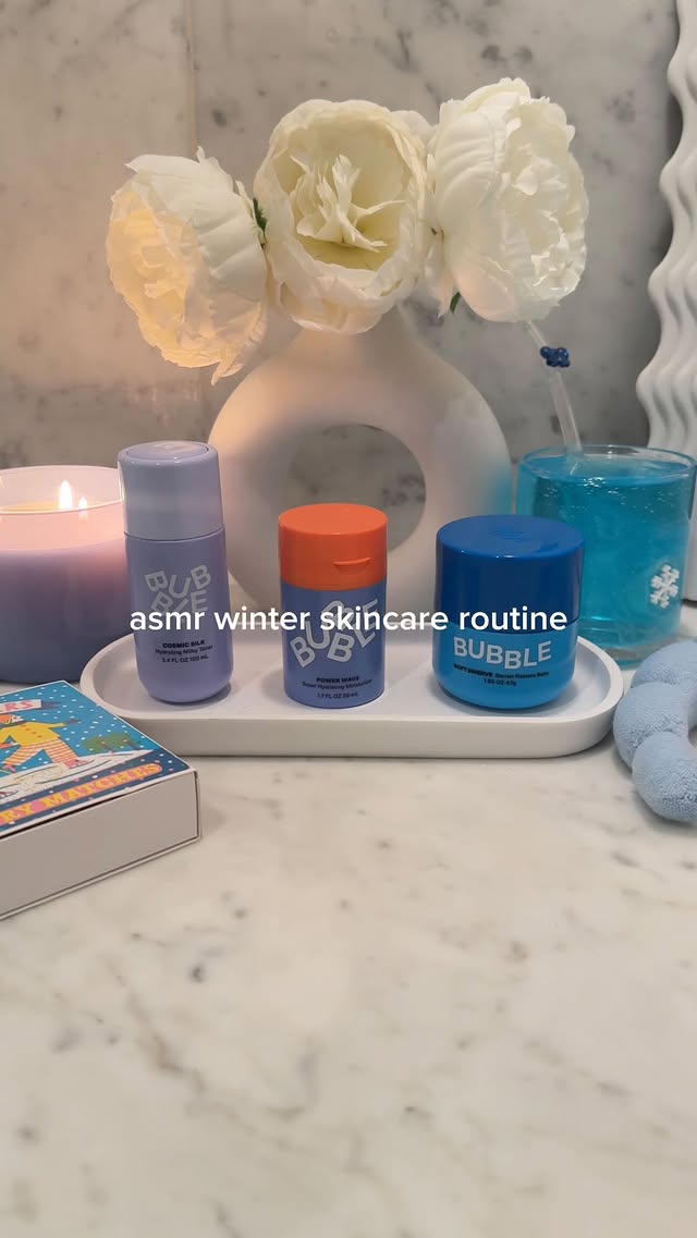 Instagram post by @galiciagordon for Bubble. Caption reads: asmr winter skincare routine with @bubble 🩵....