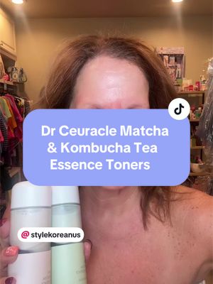 TikTok post by @themommichelle70 for StyleKorean US. Caption reads: [...] Matcha & Kombucha Tea Essence Duo 💚....