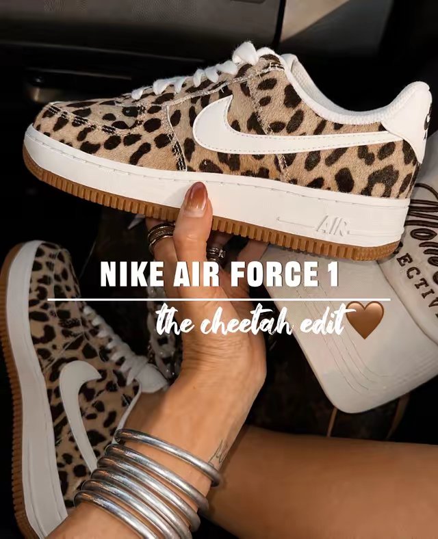 TikTok post by @adrianegweyn for Fly Kicks. Caption reads: [...] 👀 #NikeAirForce1 #cheetahSneakers #flykicks....