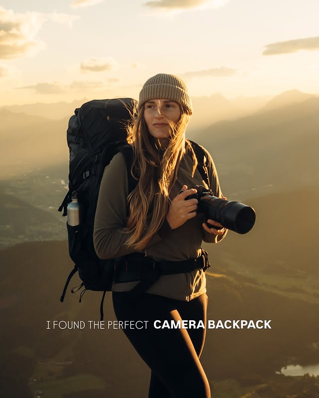 Instagram post by @melanietoebbe for PGYTECH. Caption reads: A backpack that fits my adventures ☀️🥾 AD | I....